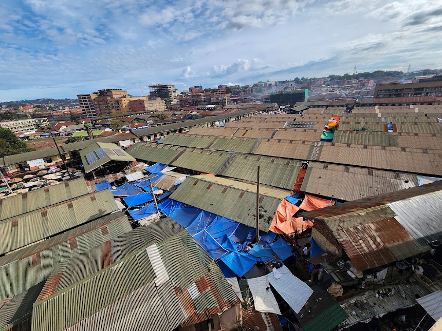Aerial view of Kampala's market rooftops and stalls